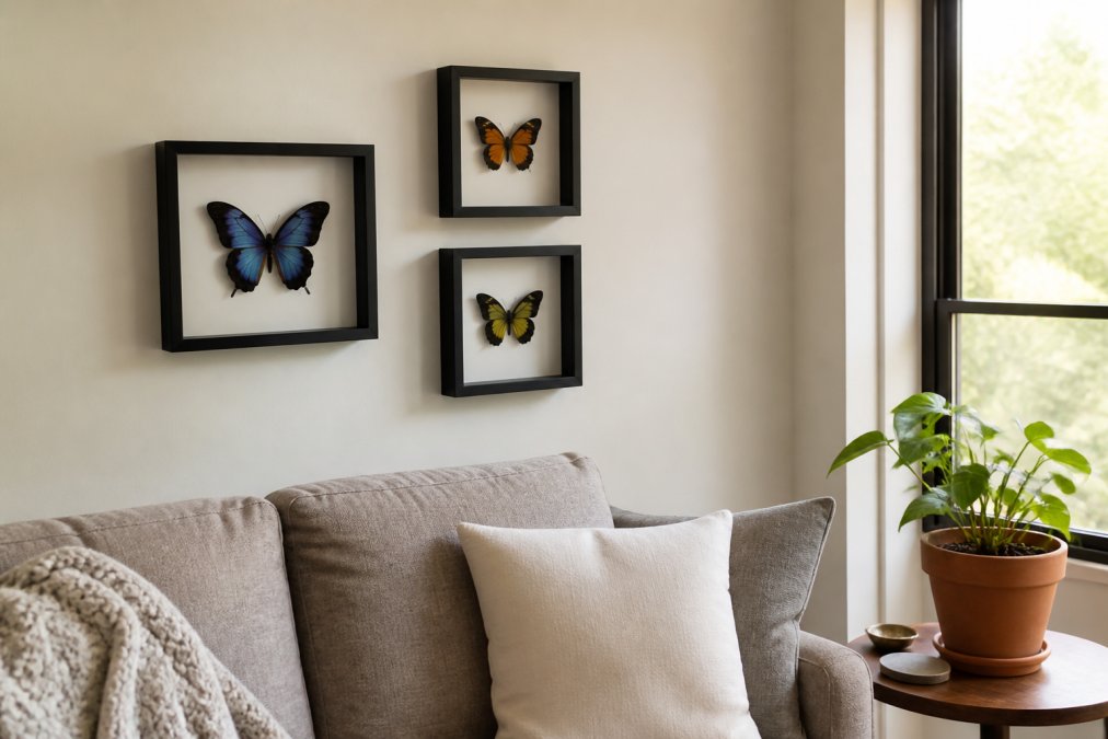 Diagram showing a three-piece butterfly shadowbox gallery wall layout for small apartment living room styling.