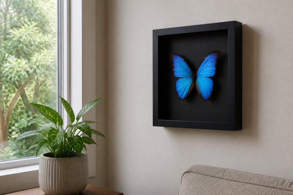 Diagram showing how to style a blue Morpho butterfly specimen shop frame in a bright, modern living room space.