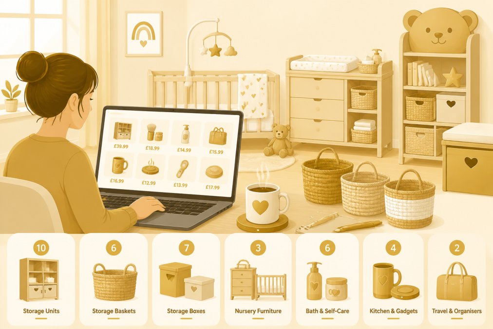 Parent browsing baby gear on a laptop at home, with a nursery setup visible in the background including a cot, changing table, and soft toys on shelves, natural window lighting
