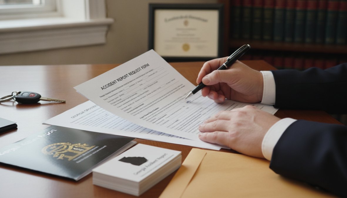 Person submitting official public records request form at government office counter, clerk processing paperwork, professional setting with filing cabinets visible