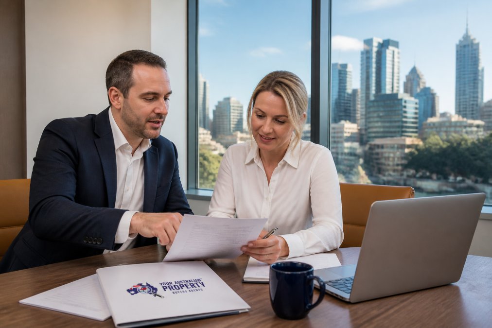 Professional buyer's agent and client reviewing property documents together at a desk with a laptop and Melbourne skyline visible through the window