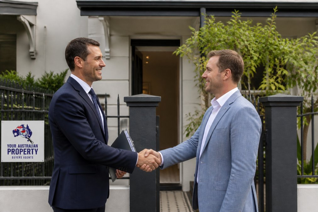 Confident negotiation moment with buyer's agent shaking hands with real estate agent in front of a Melbourne property, showing successful deal conclusion