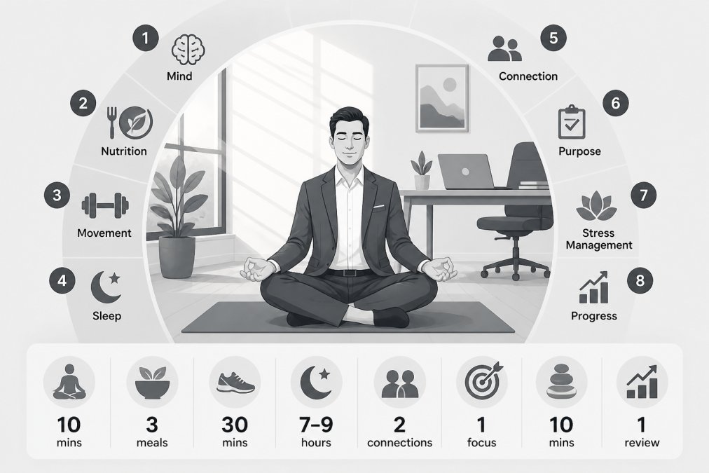 Professional in business attire practising yoga in a modern home office, sunlight streaming through windows, showing integration of wellness practices into daily work life