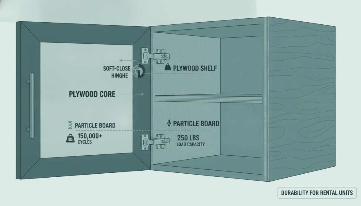 Close-up of cabinet door construction showing solid plywood box frame with quality dovetail drawer slides and soft-close hinges installed on a workbench