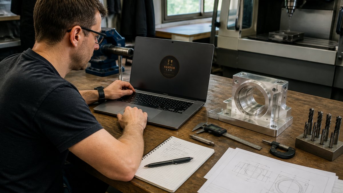 Professional engineer reviewing CAD files on a laptop at a workbench surrounded by precision tools, technical drawings, and a finished CNC-machined aluminum part in natural workshop lighting