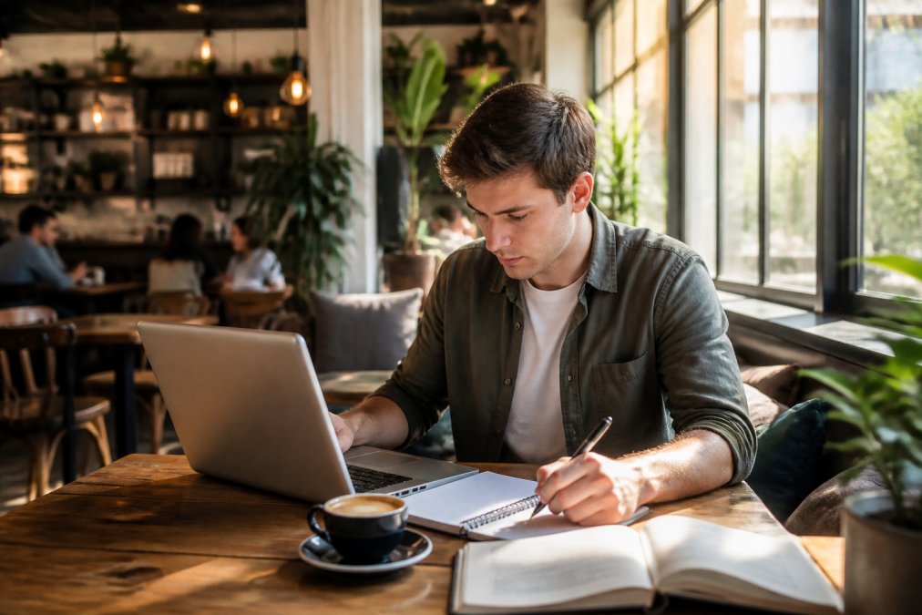 Best Cafes for Studying Near You: 2026 Guide 1 A student studying at a wooden cafe table with a laptop, coffee cup, and notebook spread out, natural sunlight streaming through large windows, with comfortable seating and cozy ambiance in the background