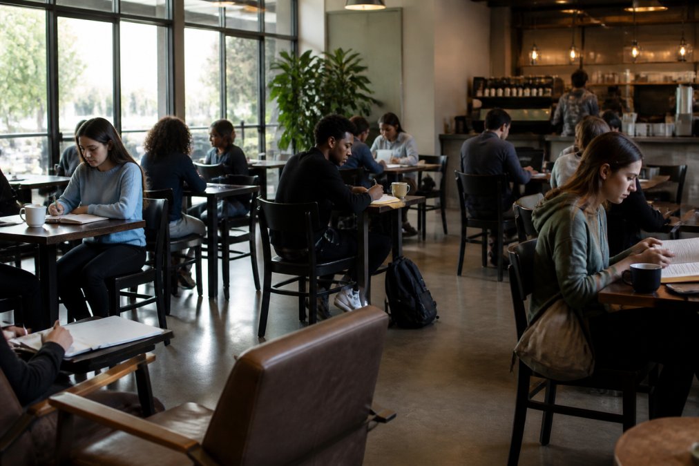 Best Cafes for Studying Near You: 2026 Guide 5 A busy cafe interior with students and professionals working at various tables, some with laptops and notebooks, demonstrating considerate behavior and respectful shared workspace dynamics, with natural lighting