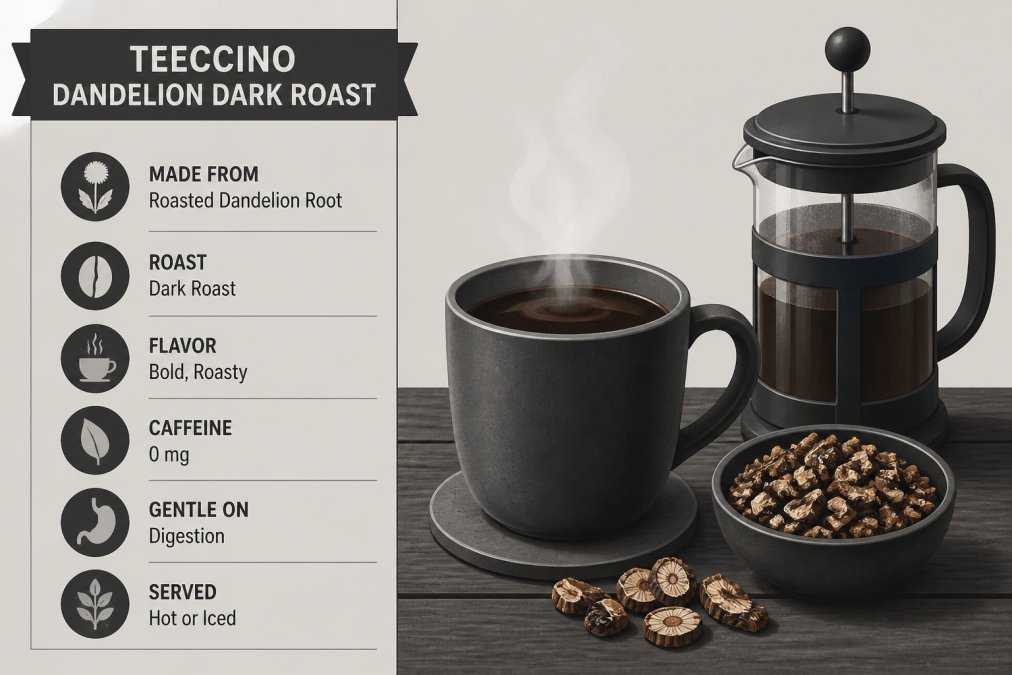 A steaming mug of dark roasted dandelion root coffee alternative on a wooden table, with a small bowl of roasted dandelion roots and a French press nearby