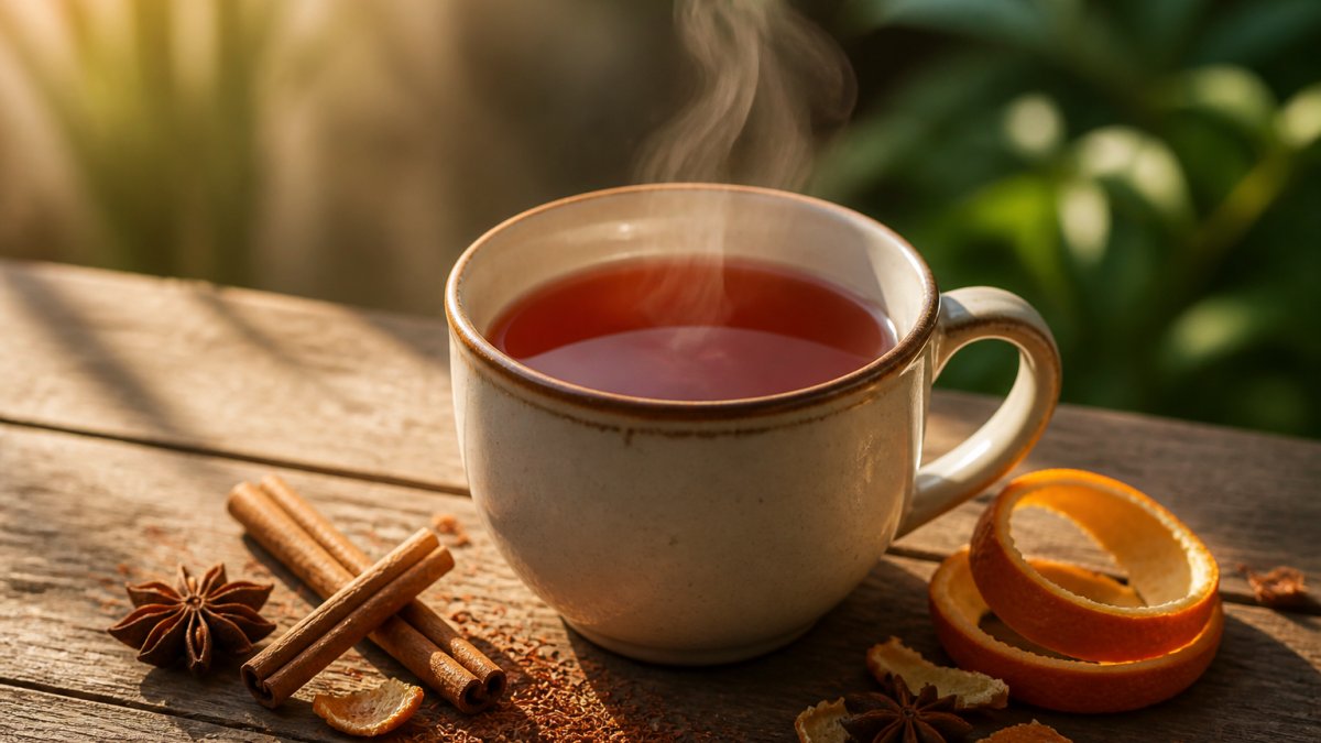 Ceramic mug filled with vibrant rooibos tea, steam rising gently, surrounded by cinnamon sticks, dried orange peel, and star anise on a natural wooden table in soft morning sunlight