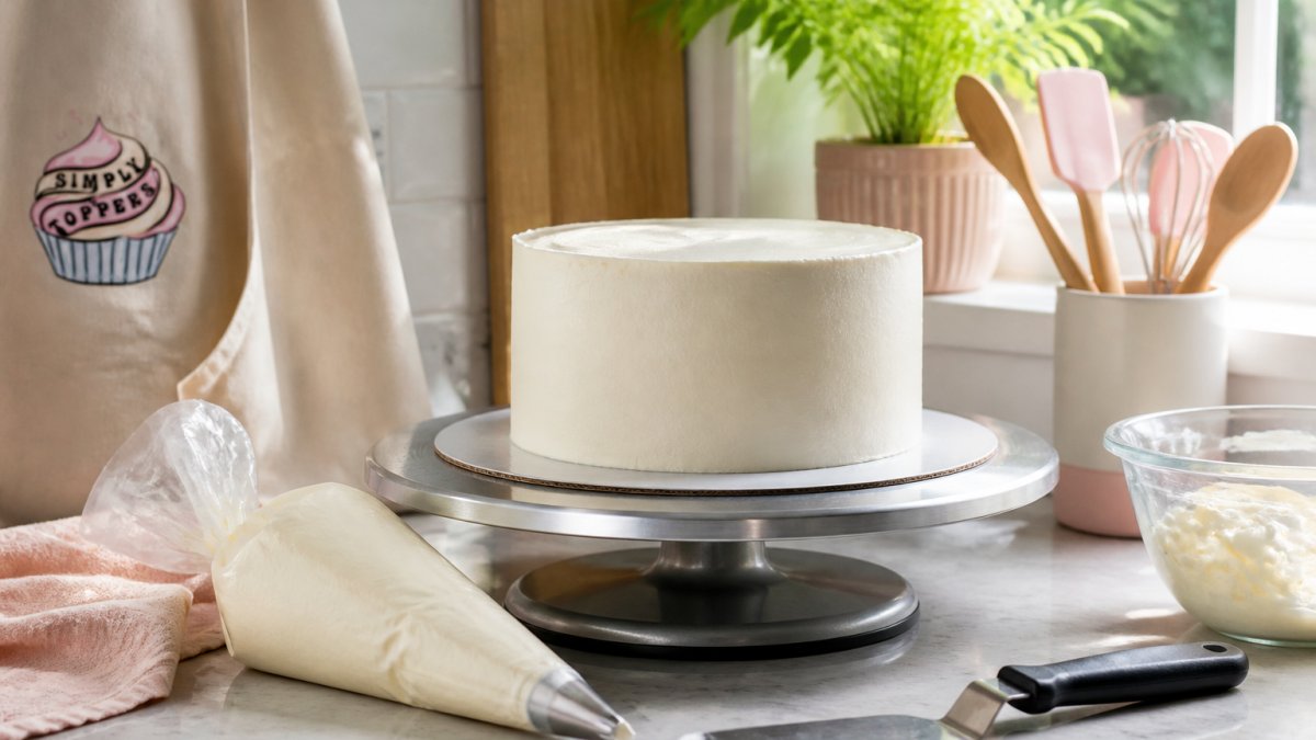A home baker's kitchen counter with a piping bag, offset spatula, and a freshly iced cake on a turntable, soft natural light from a window