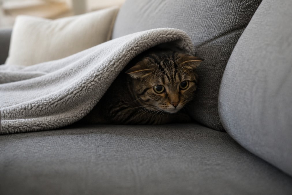 A nervous tabby cat pressed into the corner of a grey couch with ears flattened and eyes wide, partially hidden under the edge of a soft blanket in a softly lit living room