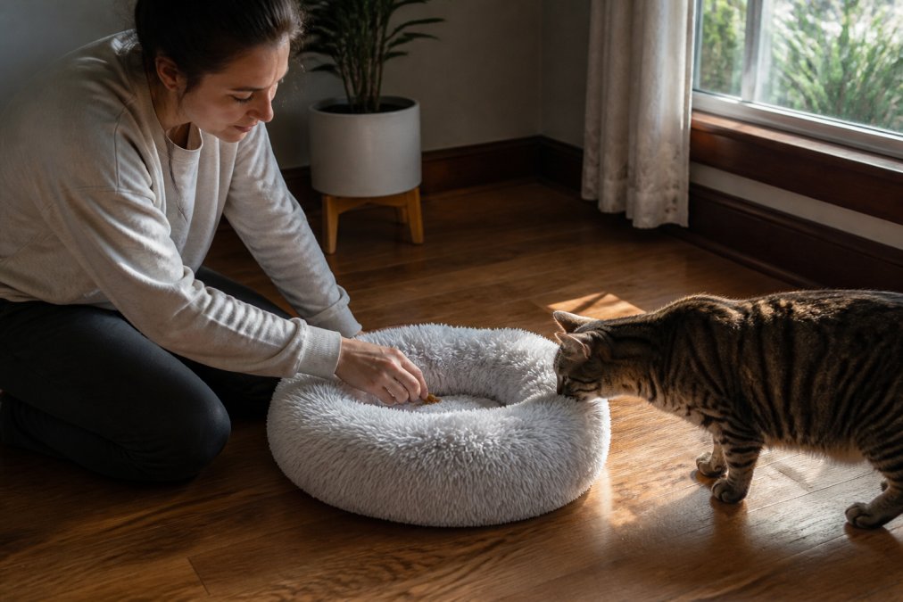 A person kneeling on a hardwood floor gently placing a small treat inside a plush donut-shaped cat bed while a cautious tabby cat sniffs the edge of the bed from a few inches away, warm afternoon light coming through a nearby window