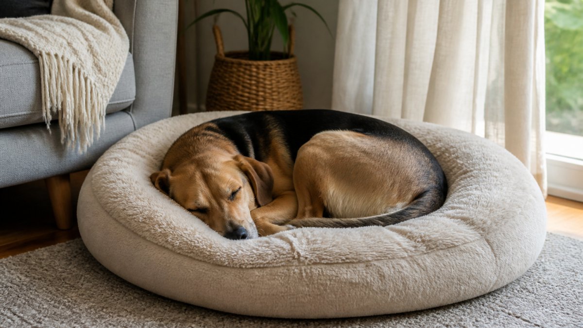 A medium-sized dog curled up and sleeping peacefully in a plush, thick-cushioned pet bed placed in a cozy living room corner, with soft natural light warming the scene