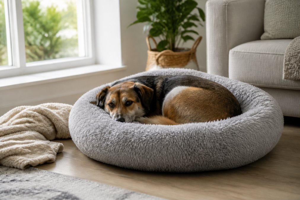 A medium-sized rescue dog curled up comfortably in a plush round calming bed in a bright living room, with a soft blanket nearby and natural light coming through a window