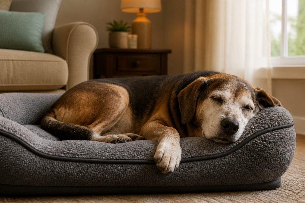 Senior dog resting peacefully on a soft orthopedic bed in a calm, warmly-lit living room, eyes gently closed with relaxed facial muscles and body posture