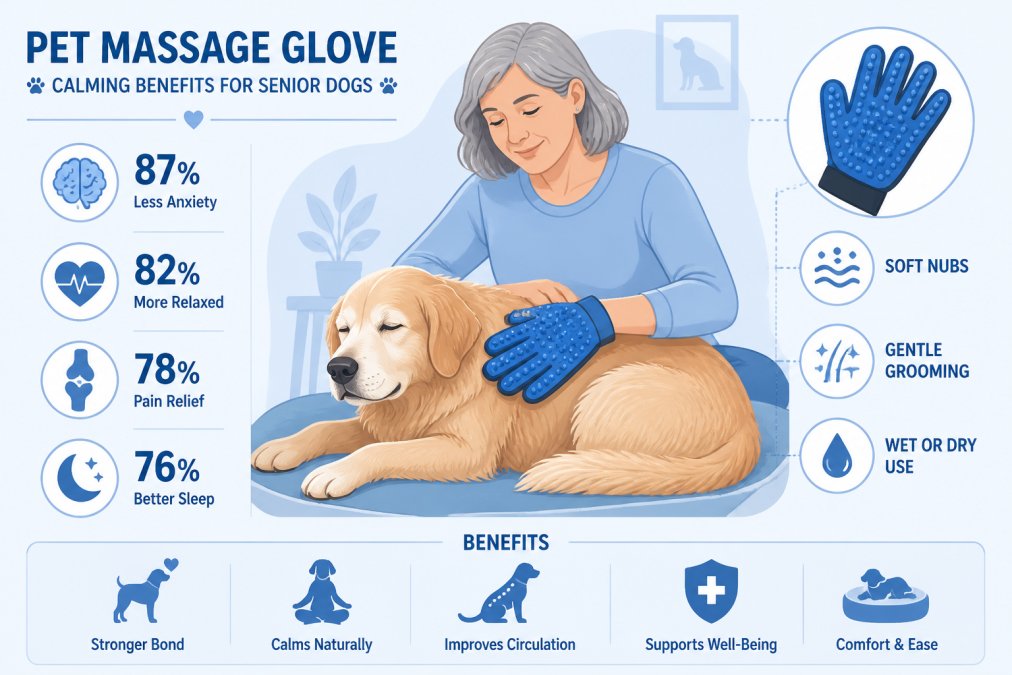 Senior dog owner gently massaging their aging dog with a specialized grooming glove, showing tender interaction in soft natural lighting with both pet and human appearing calm and connected