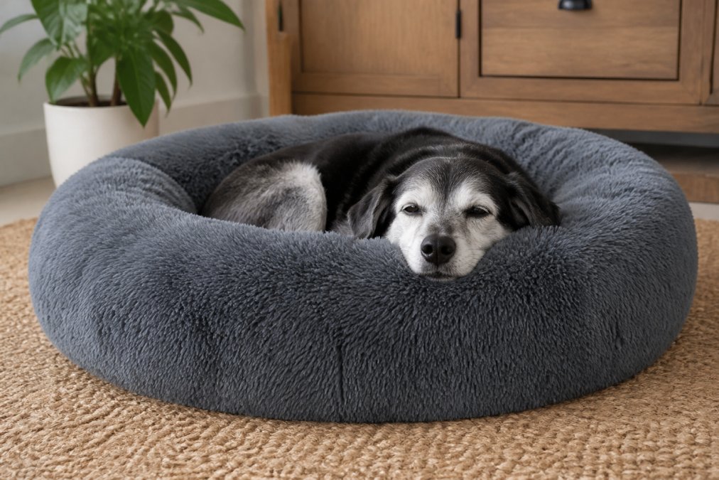 An older gray-muzzled dog resting peacefully on a soft, cushioned bed in a quiet home setting, showing contentment and relaxation