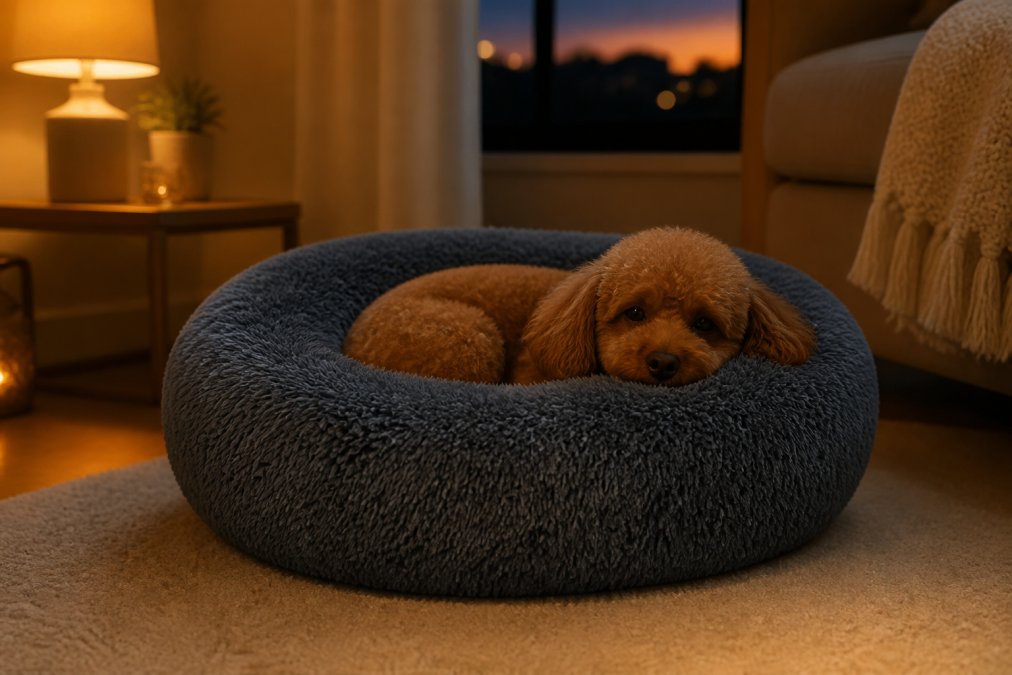A senior dog in a cozy donut-shaped bed during evening hours, with warm ambient lighting creating a calm, safe environment