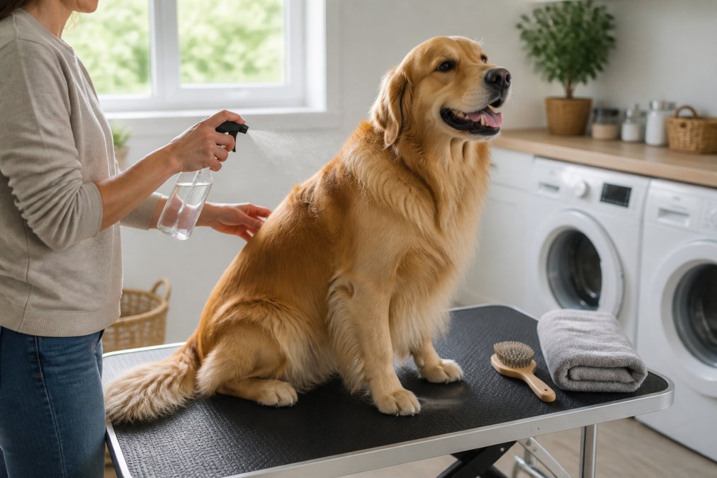 A calm golden retriever sitting on a rubber-topped grooming table while a person gently mists calming spray onto its back, brush and folded towel nearby, bright home laundry room with natural window light