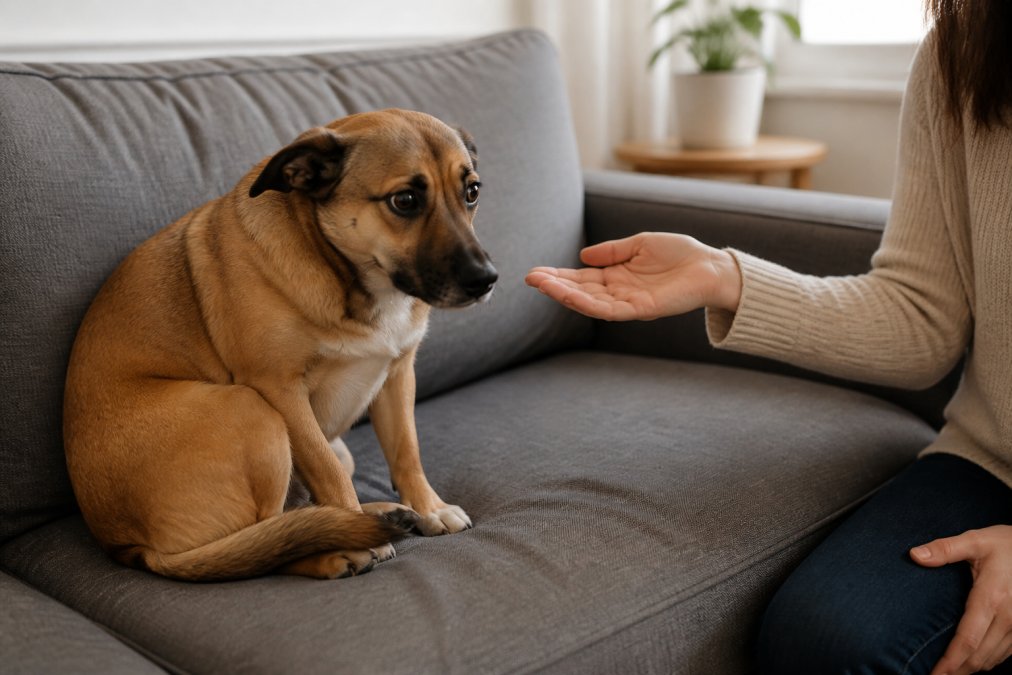 A medium-sized dog with ears pinned back and tail tucked low, sitting rigid on a gray couch cushion while a person nearby extends a calm, open hand toward the dog in a warmly lit living room