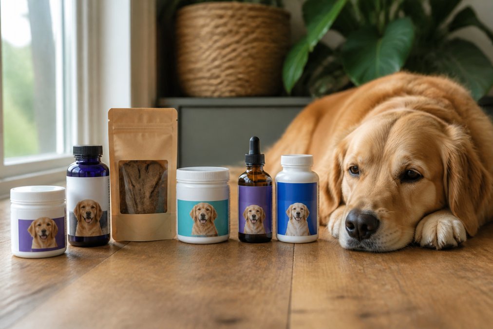 Six different calming supplement packages for pets arranged on a natural wood surface next to a relaxed golden retriever lying with its chin resting on its paws, soft natural light coming through a nearby window
