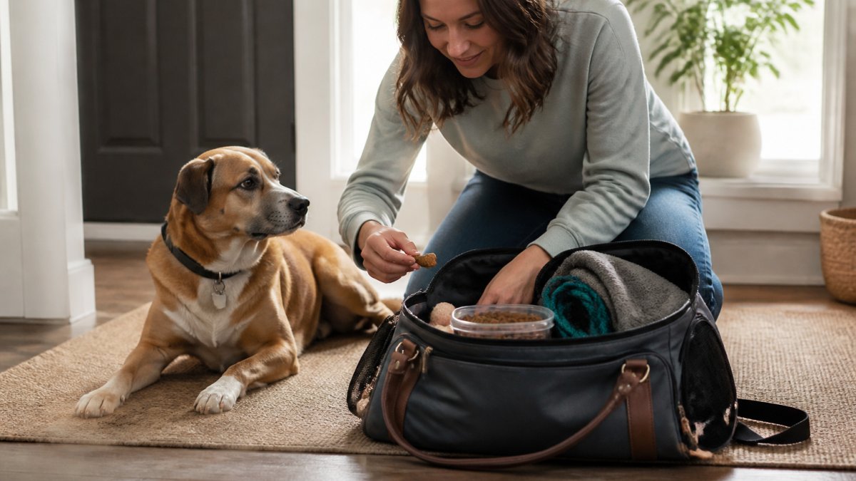 Dog owner giving calming supplements to a pet while packing a travel bag for a stay at a boarding facility.