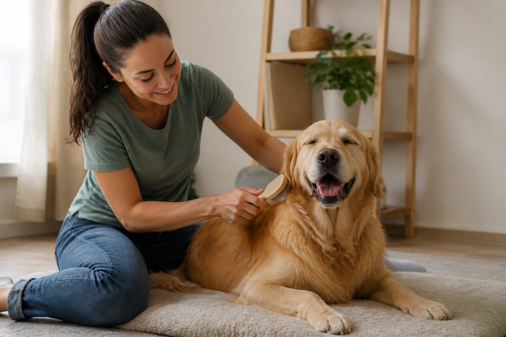 Pet owner gently grooming a calm dog at home with a soft brush, both showing relaxed expressions in a peaceful, naturally lit grooming space