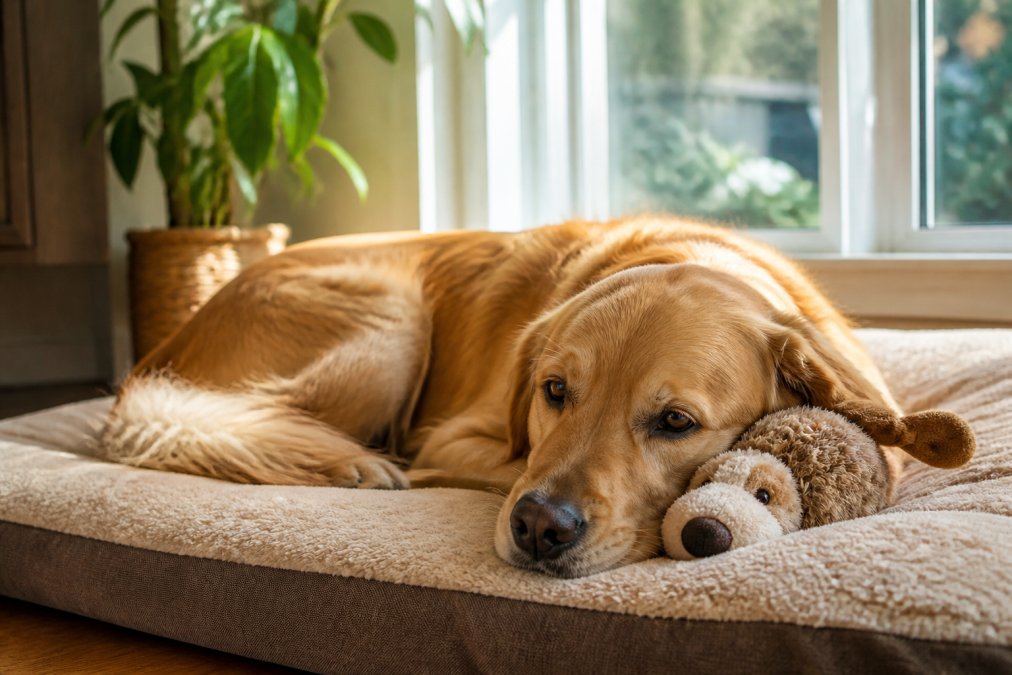 Calm golden retriever resting peacefully on a soft bed with a plush squeaky toy nestled beside, natural afternoon sunlight streaming through a window