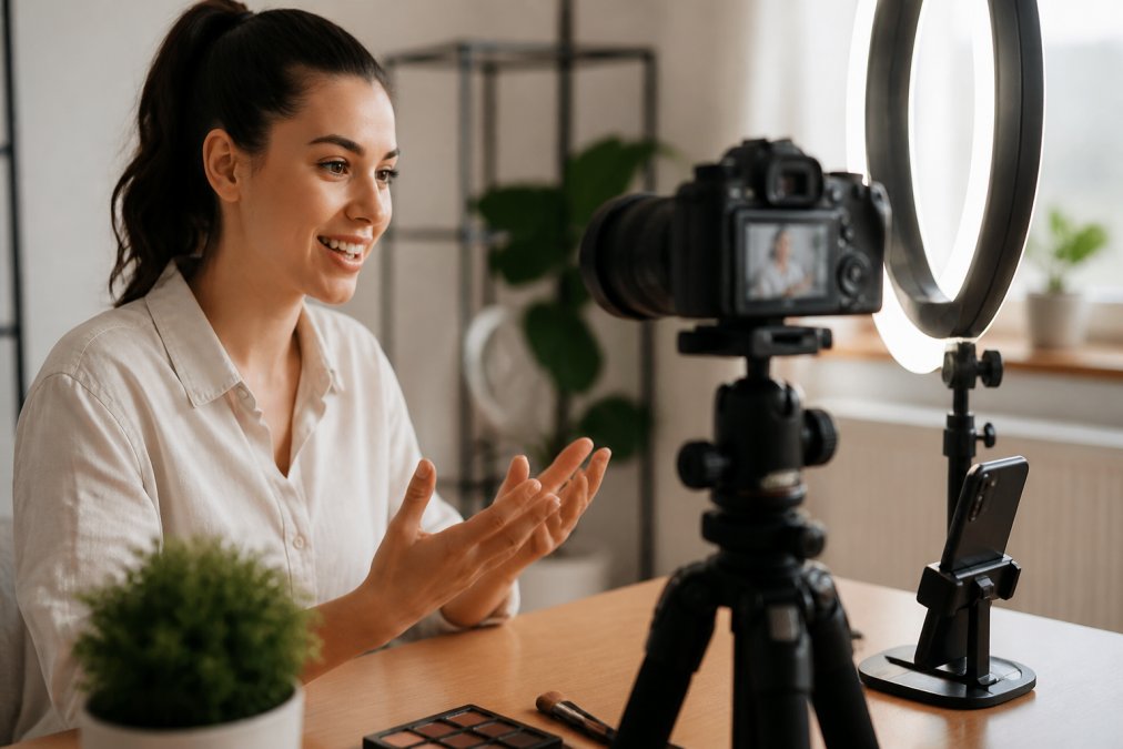 Content creator filming a TikTok video with a mirrorless camera mounted on a tripod, smartphone positioned nearby for reference, professional ring light illuminating the scene in a bright home studio