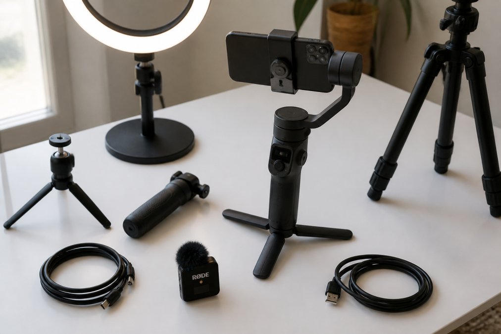 Organized flat lay of essential TikTok creator gear arranged on a clean white desk: a smartphone mounted on a DJI gimbal, a ring light positioned above, a Rode wireless microphone transmitter, a tripod in the background, and cables neatly arranged