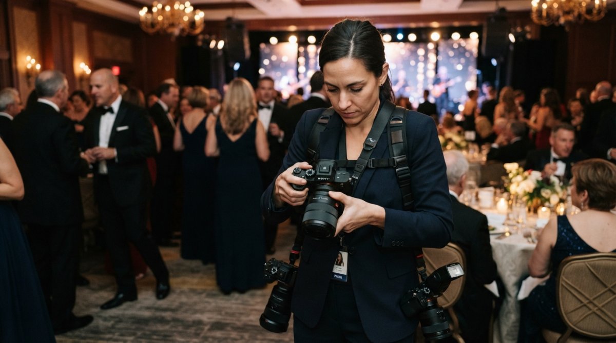 Professional photographer adjusting camera settings on a mirrorless camera while standing in an elegant ballroom with soft stage lighting and formally dressed guests in the background