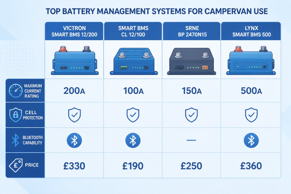 Feature comparison matrix for Victron Smart BMS 12/200 vs Smart BMS CL 12/100 vs SRNE BP 2470N15 vs Lynx Smart BMS 500 showing maximum current rating, cell protection, Bluetooth capability, and price