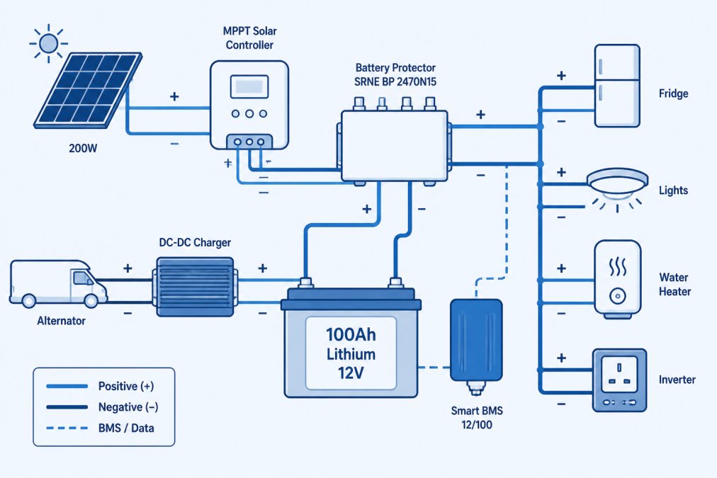 Wiring diagram showing typical 12V campervan electrical system with 100Ah lithium battery connected to SRNE BP 2470N15 battery protector, SRNE MPPT solar controller (200W solar array), Victron Smart BMS 12/100, DC-DC charger from alternator, and loads including fridge, lights, water heater, and inverter