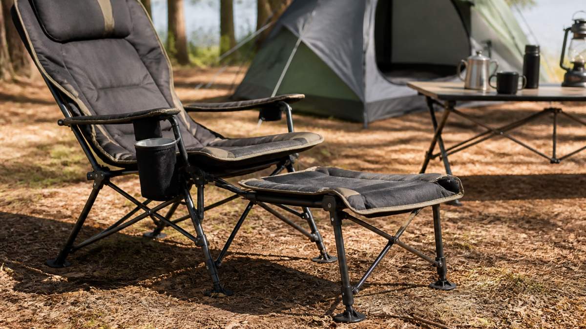 Close-up of a camping chair with detachable footrest set up at a campsite, showing the reclining backrest mechanism, padded seat, sturdy powder-coated steel frame, and cup holder in natural outdoor lighting