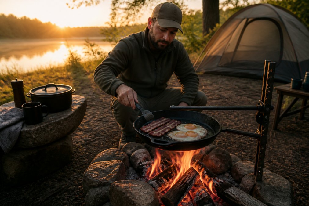 Camper cooking bacon and eggs on cast iron skillet over a crackling campfire at sunrise, flames visible, with camp setup in the background