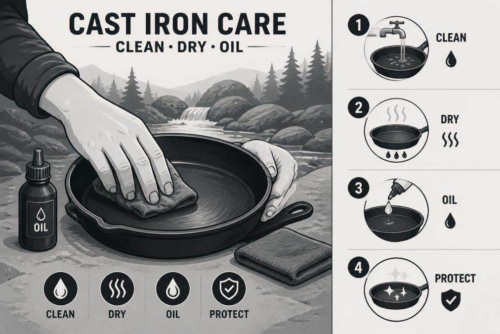 Close-up hands cleaning and oiling a cast iron pan with a cloth by a campsite water source, showing proper maintenance technique
