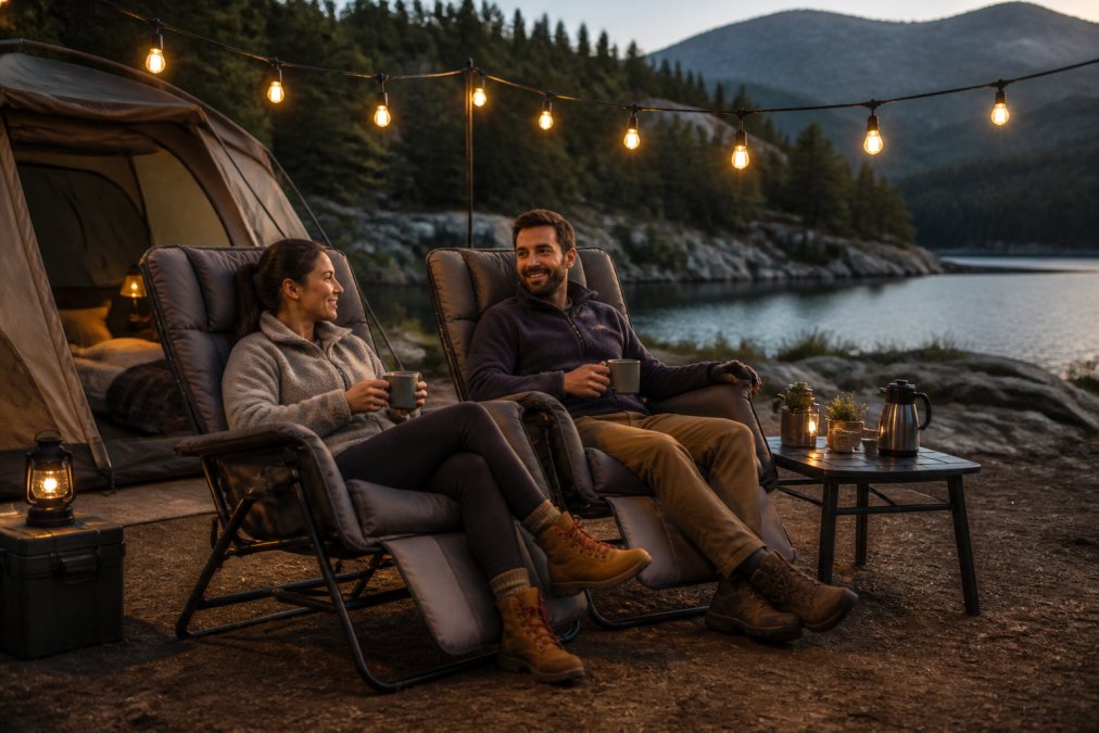 A couple relaxing in luxury reclining camping chairs beside a tent at a scenic campsite, with a small table holding coffee mugs and string lights overhead