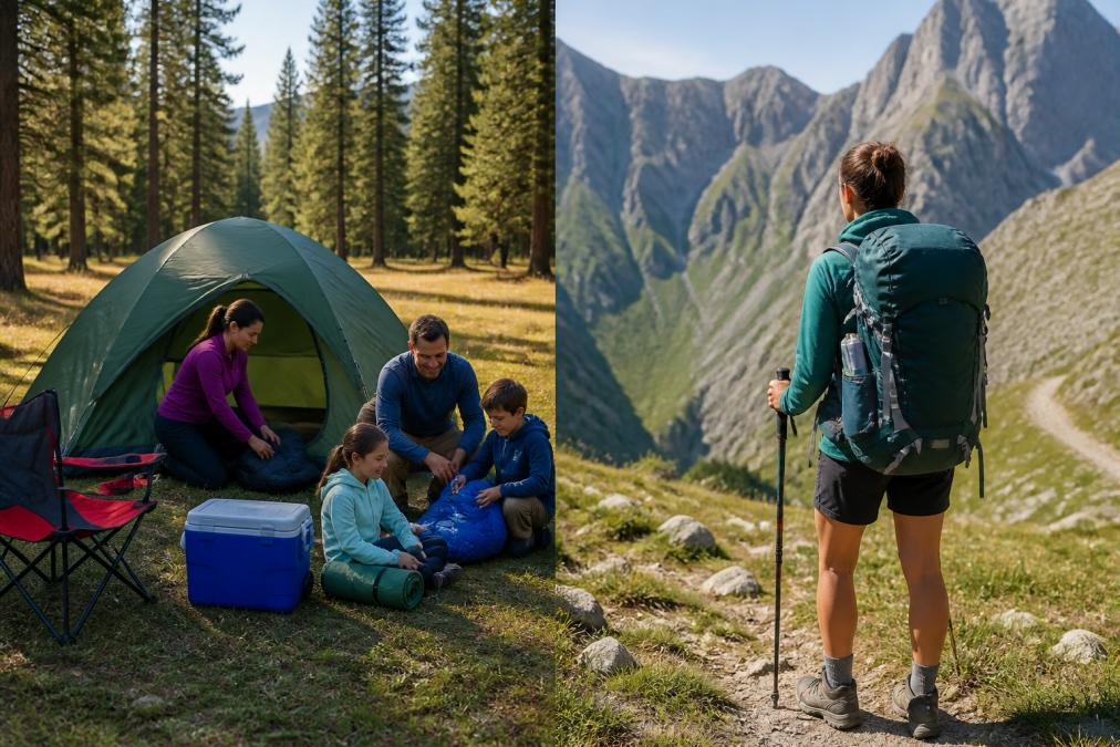 A family of four setting up a green dome tent on a grassy campsite surrounded by pine trees, with a cooler, sleeping bags, and camp chairs laid out on the ground in warm afternoon sunlight
