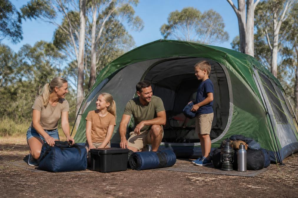 A family of four unpacking and smiling beside a large green dome tent at a sunny Australian campsite with eucalyptus trees in the background