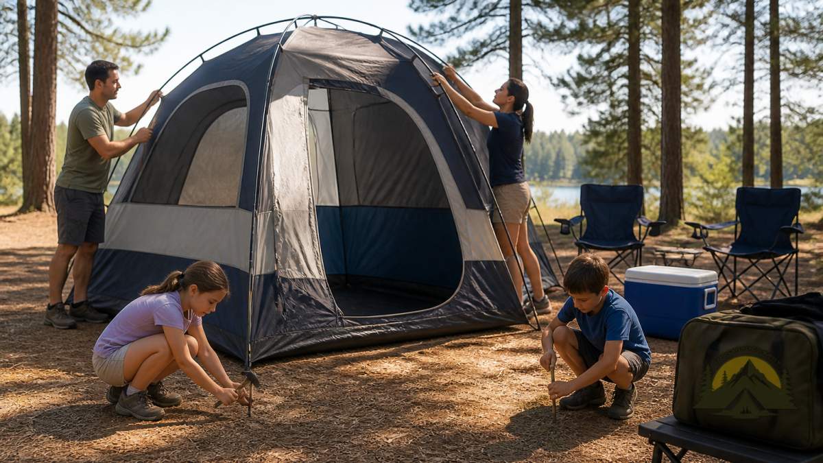 A family of four setting up a large dome tent at a sunny campground, with kids helping stake the corners and a cooler and camp chairs nearby