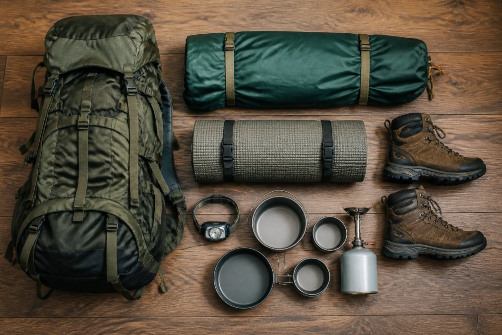 Flat-lay overhead shot of organized multi-day camping gear spread on a wooden floor: large backpack, folded tent, rolled sleeping pad, headlamp, aluminum cookware set, and high-top hiking boots arranged neatly in natural daylight