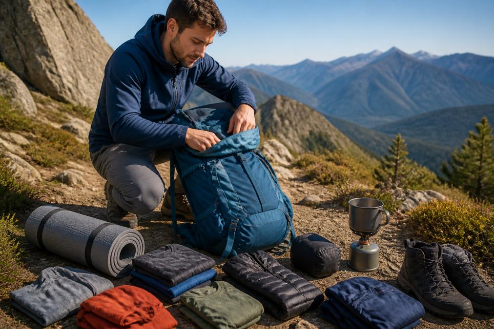 A hiker in outdoor clothing carefully packing a large blue backpack on a rocky trail surrounded by folded clothing layers, a rolled sleeping pad, and a compact camp stove on a clear sunny morning