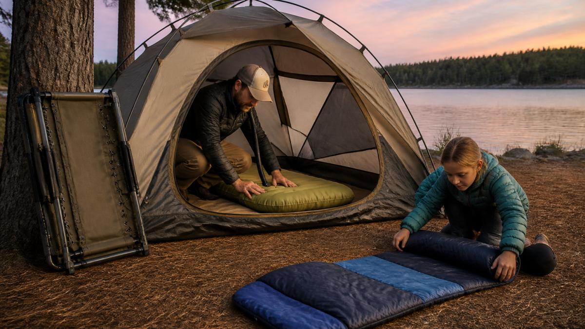 A family in a lakeside campsite at dusk, one adult inflating a sleeping pad inside an open dome tent while a child unrolls a sleeping bag nearby and a folded camping cot leans against a tree