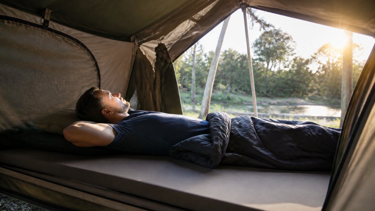 Camper lying on high-density foam camping mattress inside a swag tent, demonstrating proper spinal alignment and ergonomic sleeping position with natural morning light streaming through canvas