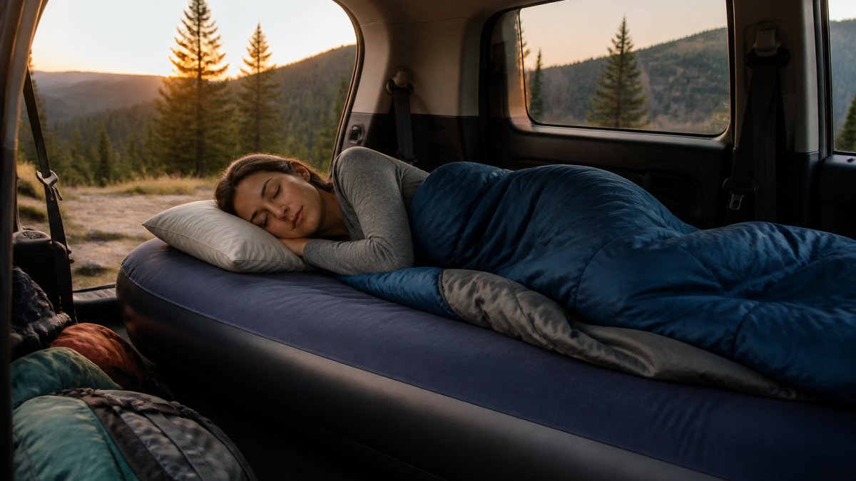 A side sleeper lying comfortably on an inflatable camping mattress inside a car camping setup, pillow under the head, sleeping bag nearby, warm evening light through the tent