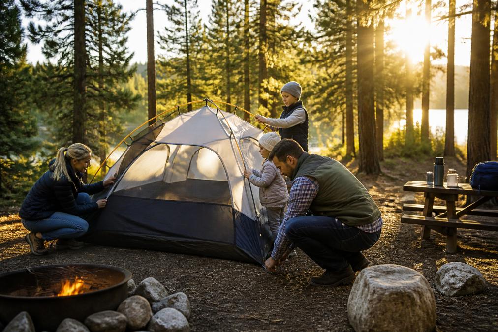 Infographic showing a step-by-step process for setting up a family dome tent at a scenic developed campsite