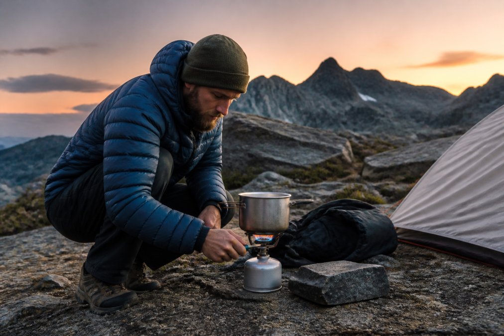 A hiker crouching at a rocky alpine campsite at dusk, lighting a small silver canister stove beneath a titanium pot, with a granite ridgeline and fading orange sky in the background