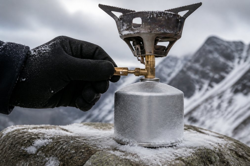 Close-up of a gloved hand adjusting the brass valve on a canister stove mounted on a snow-covered rock, with frost crystals visible on the silver fuel canister and a grey alpine sky in the background