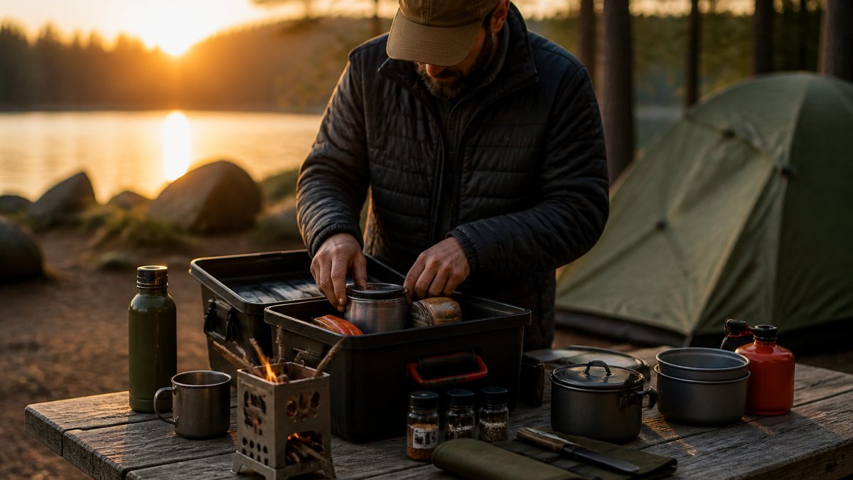 A camper organizing a portable camp kitchen box at a campsite near a lake at golden hour, with a compact twig stove and cooking gear laid out on a picnic table