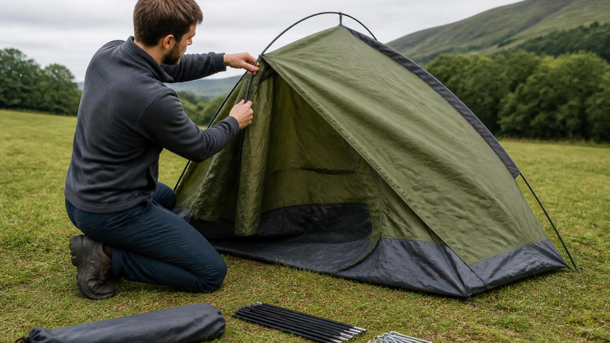 A camper kneeling on grass beside a pitched dome tent, threading a fibreglass pole through its sleeve, with a carry bag and pegs laid out on the ground nearby